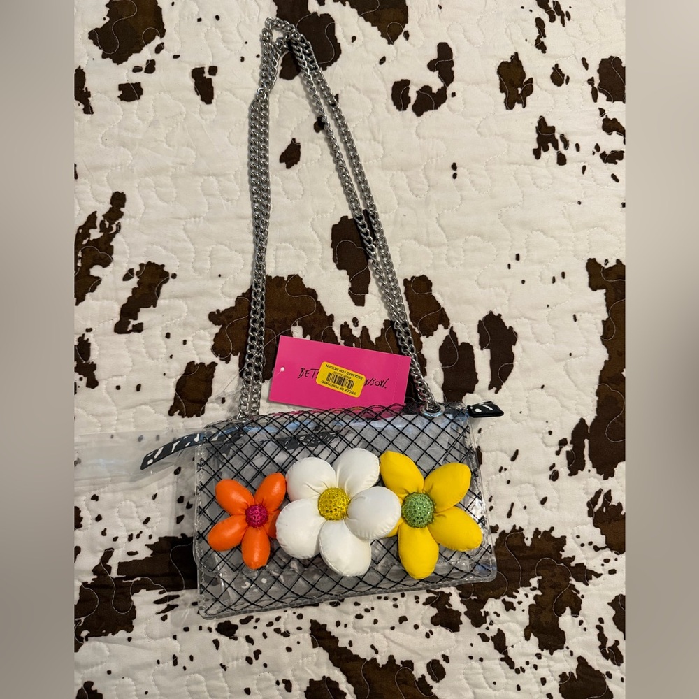 Betsey Johnson Silver Quilted Bag with Colorful Flowers